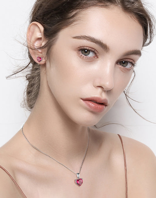 925 Sterling Silver Heart Stone Earrings Necklace Jewelry Set
