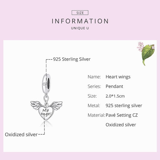 925 Sterling Silver Heart Wings My Angel Charm Beads