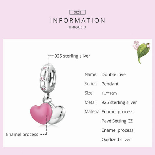925 Sterling Silver Pink Double Love Charm Beads