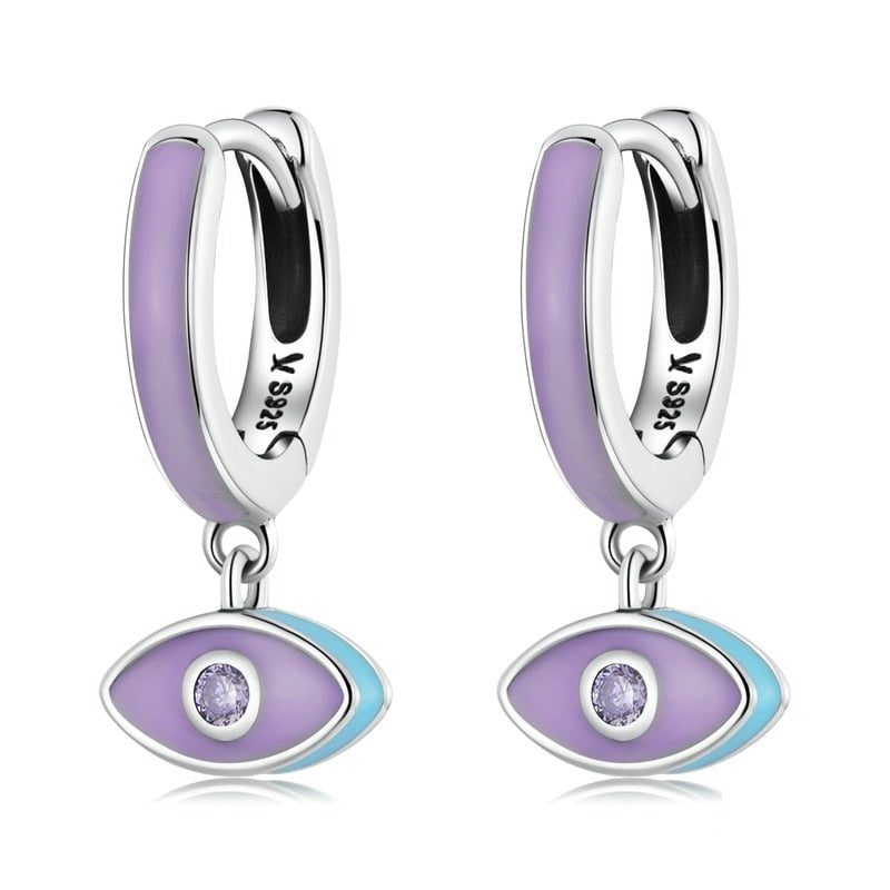 925 Sterling Silver Purple Demon Eye Hoop Earrings