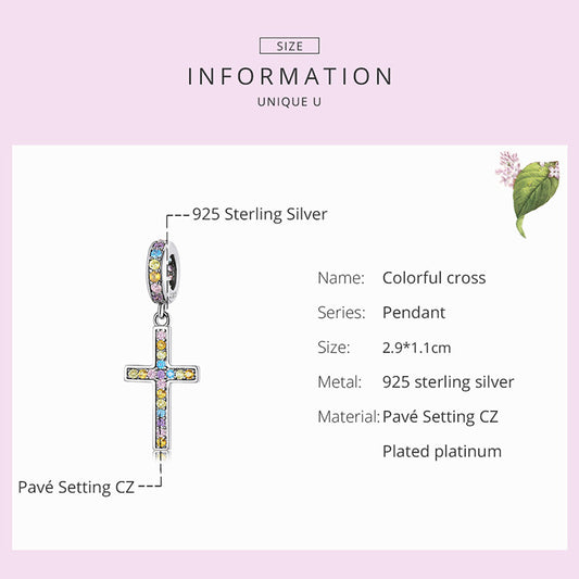 925 Sterling Silver Colorful Cross Pendant Charm Beads