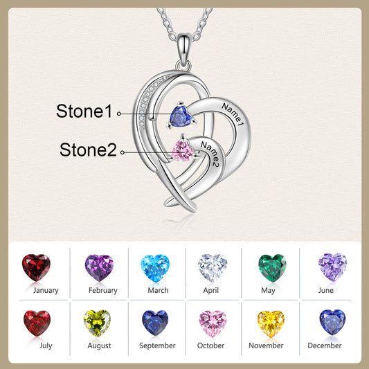 Personalized Engraved Name Necklace with 2-4 Inlaid Birthstone Romantic Heart Pendants Customized Gift