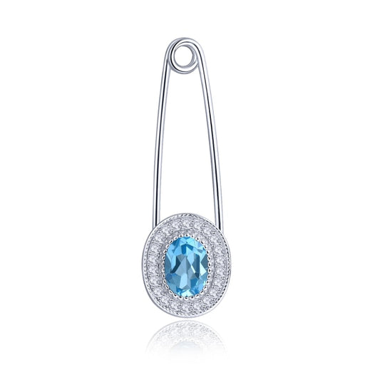 Natural Oval Blue Topaz Solid 925 Sterling Silver Brooch