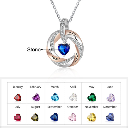 Personalized 3 Names Engraved Necklace Heart Birthstone Romantic Mixed Color Customized Twisted Pendant Gifts