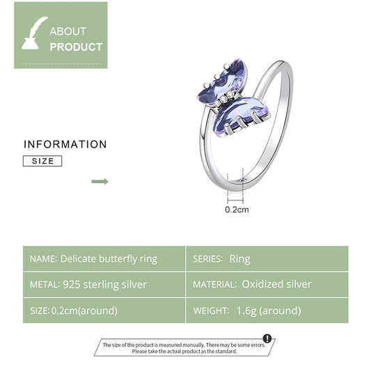 925 Sterling Silver Violet Pave Crystal Butterfly Ring