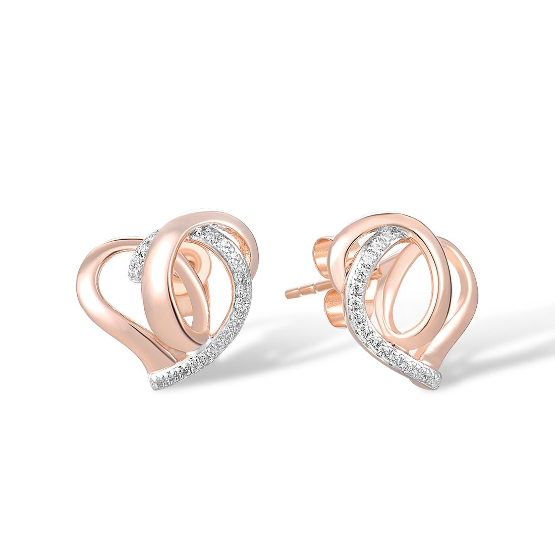 Pure 14K 585 Rose Gold Sparkling Diamond Heart Stud Earrings