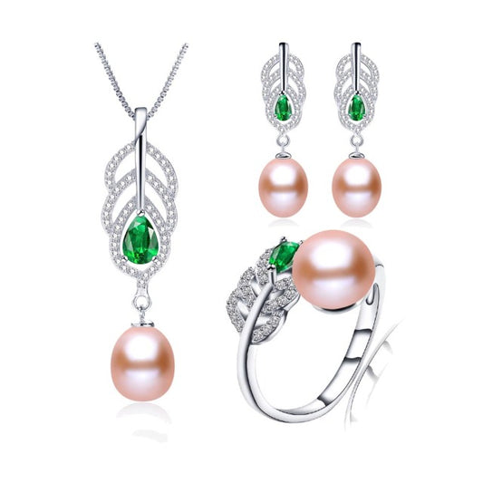 Natural Freshwater Pearl Earrings Ring Necklace Jewelry Set