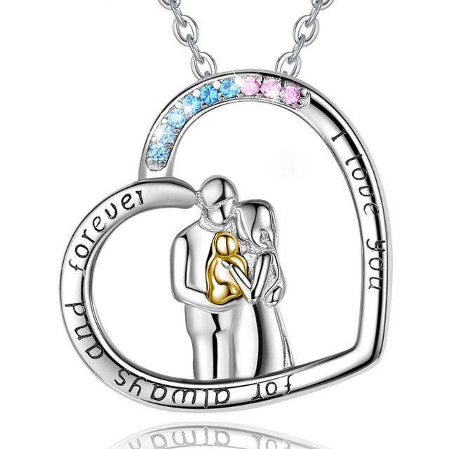 925 Silver Mom Dad Baby Gold Pendant Family Embraces Necklace