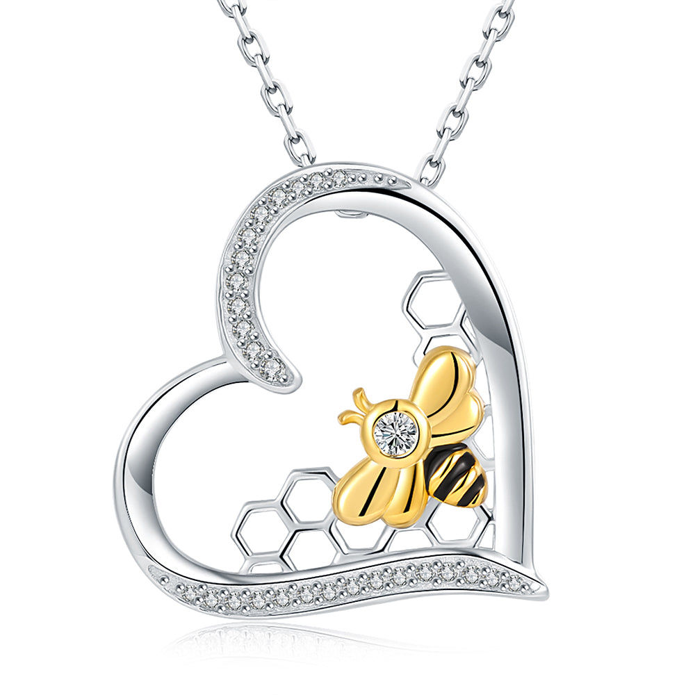 925 Sterling Silver Heart Honeycomb Bee Necklace