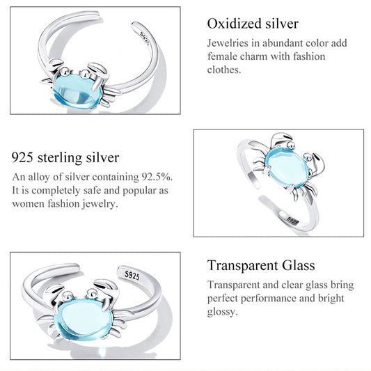 925 Sterling Silver Cute Crab Blue Stone Ring
