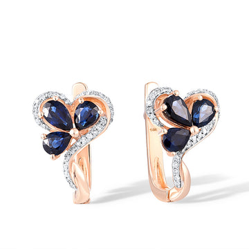 Genuine 14K 585 Rose Gold Sapphire Diamond Flower Earrings