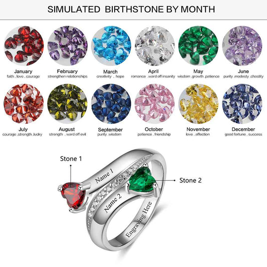 Personalized Heart Birthstone Custom Engrave 2 Names Ring