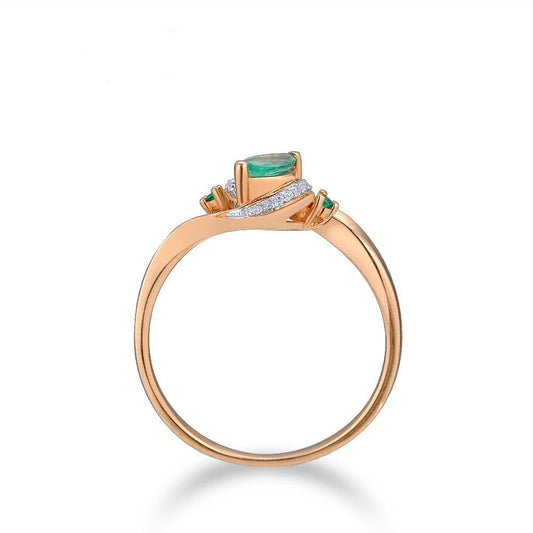 Genuine 14K 585 Rose Gold Ring Magic Emerald Sparkling Diamond Engagement Anniversary Fine Jewelry
