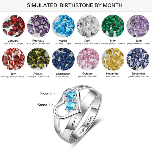Heart Shape Custom Engrave Names Birthstone Ring