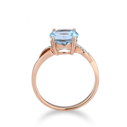 Genuine 14K 585 Rose Gold Ring Sparkling Diamond Sky Blue Topaz Wedding Anniversary Fine Jewelry