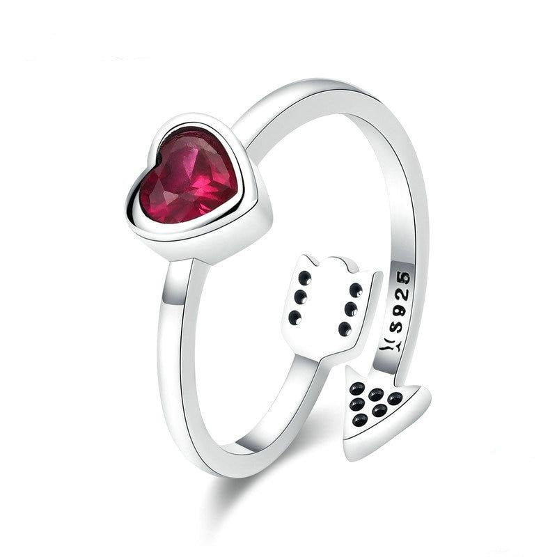 Real 925 Sterling Silver Red Heart And Love Arrow Ring