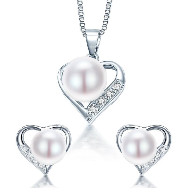 Collar y pendientes con colgante de corazón romántico de plata de ley