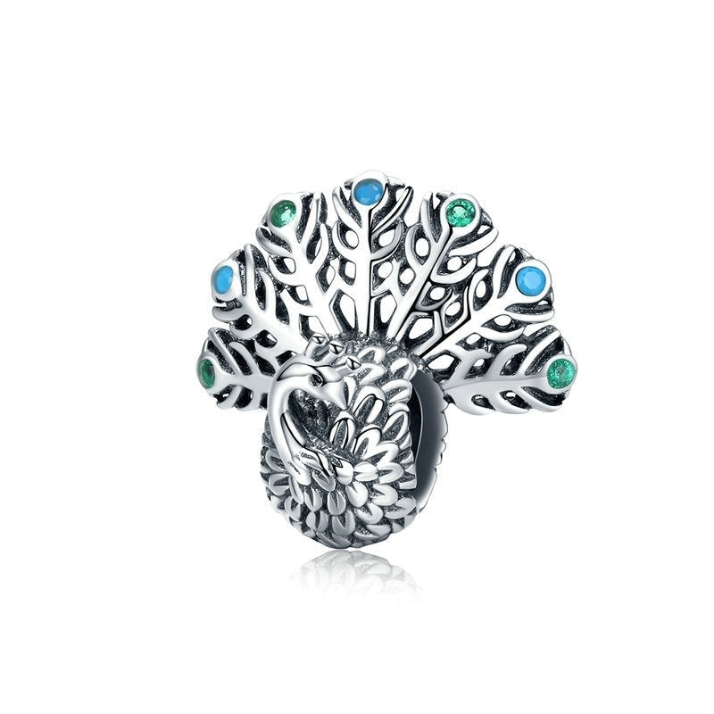 Silver 925 Cute 3D Opening Peacock Metal Beads Charm Beads