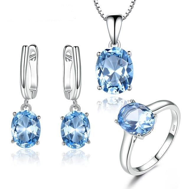 Sky Blue Topaz Gemstone Wedding Jewelry Sets Silver Engagement Rings Necklace Pendant Clip Earrings