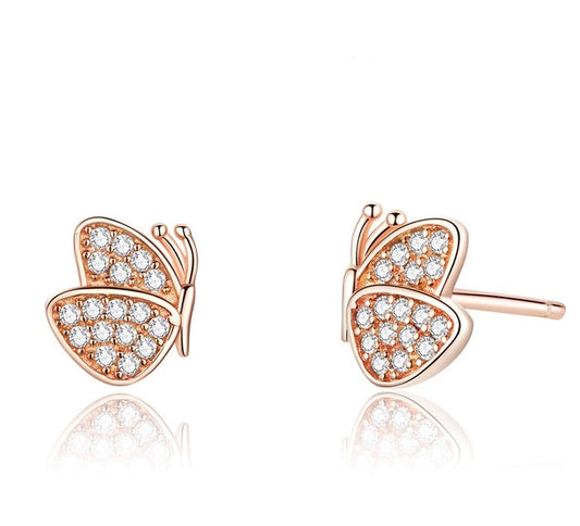 Sterling Silver 925 Rose Gold Color Butterfly Stud Earrings