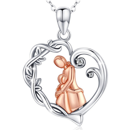 Sterling Silver Mom And Daughter Hug Rose Gold Pendant Vine Leaf Heart Necklace Jewelry Gift For Mother